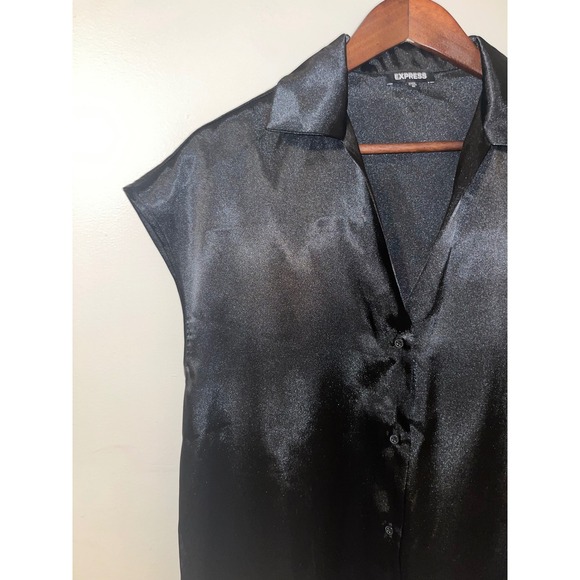 EXPRESS Black Satin Sleeveless Collared Button Up Shirt Top Women's Size Medium - Picture 4 of 8